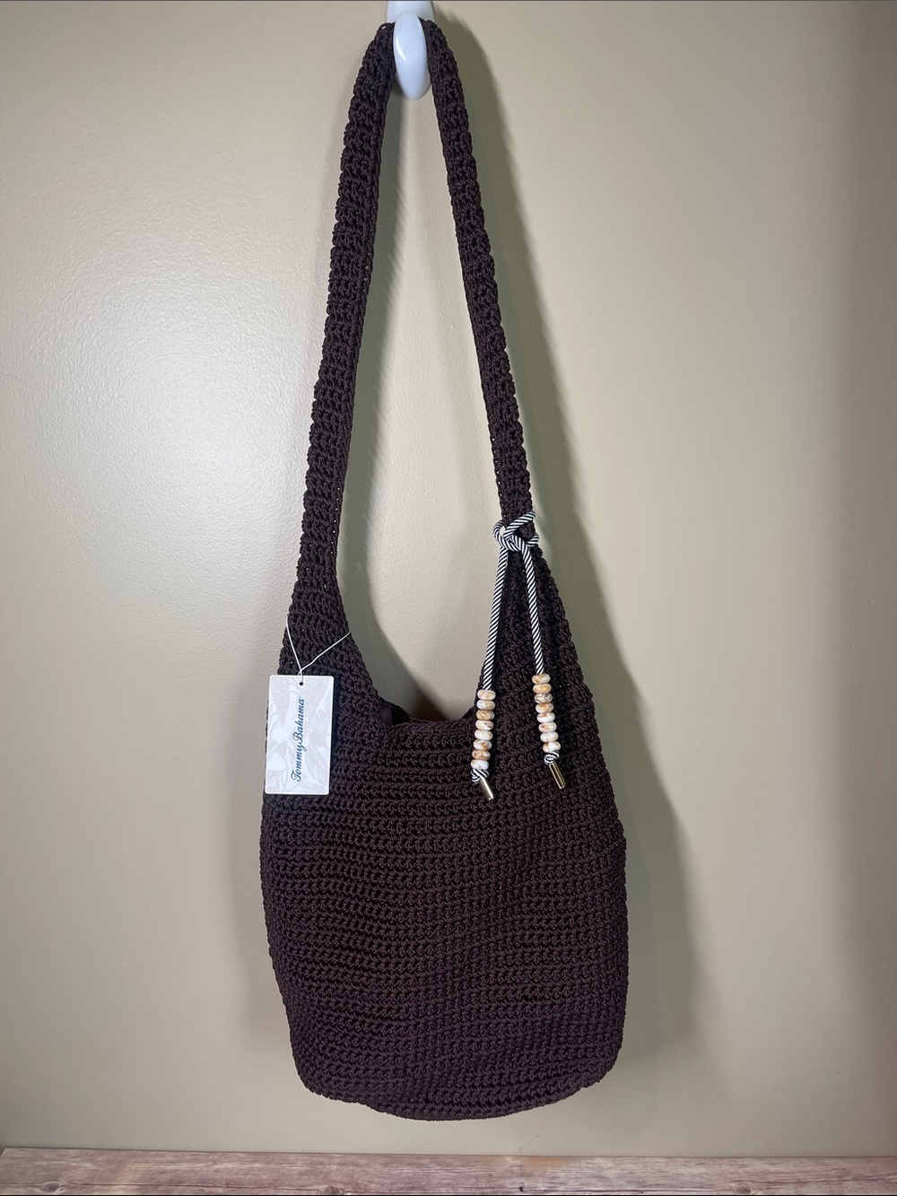 Tommy Bahama Dark Brown Crochet Shoulder Bag with Beaded accent charm - Picture 1 of 9